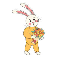 Cute rabbit boy with bouquet of flowers. Easter bunny. Groovy retro character.