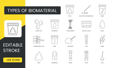 Types of biomaterial line icon set in vector, semen and stool, fingernails and blood cells, sputum and saliva, bone marrow and urine, and cerebrospinal fluid, hair and skin biopsys. Editable stroke.