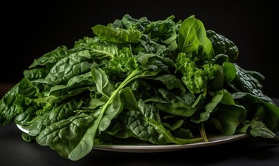  a white plate topped with lots of green leafy vegetables.  generative ai