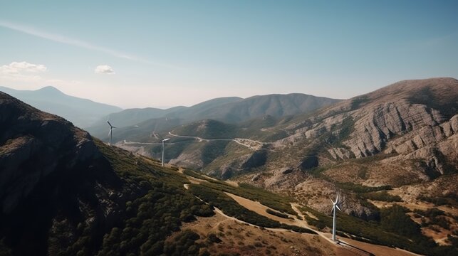 Power generating Windmills in Mountains. Green energy. Generative AI
