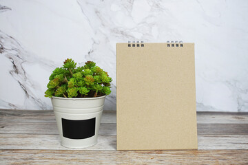 Empty calendar mockup space for copy with artificial plant decoration on wooden background