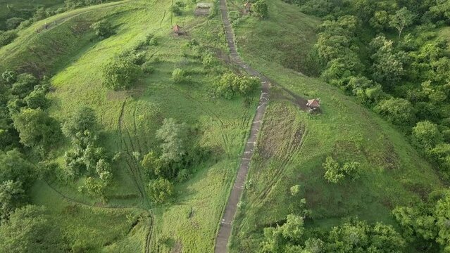 Aerial drone view of the Teletubbies landscape looks in Bali, Indonesia.