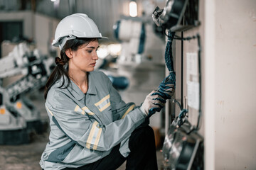 Robotic technician control automation works within accepted limits by testing operating voltages and electrical configurations. Robotic factory routine checks and maintenance to follow safety rules.