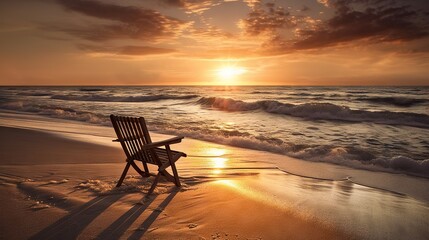 Fototapeta na wymiar Beach chair and umbrella on beautiful beach. Sunset over ocean. Travel paradise concept. Generative AI