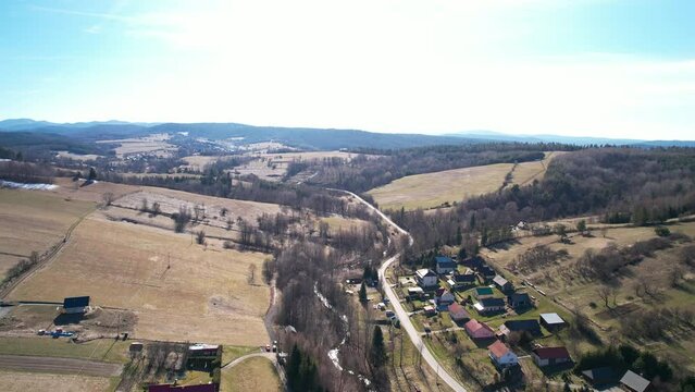 Aerial View of Polanczyk village in Spring in Lesko County, Subcarpathian Voivodeship, in south-eastern Poland