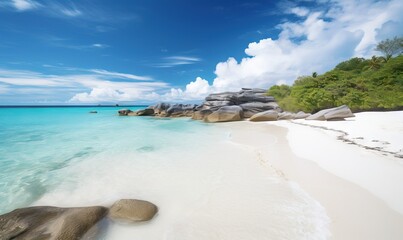 Obraz premium a sandy beach with a large rock in the middle of it. generative ai