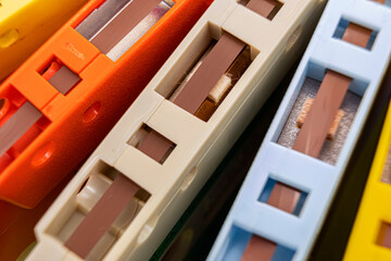Close up view of a collection of old vintage retro audio tape cassettes