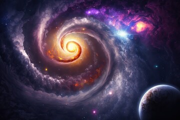 Spiral Galaxy with a Distant Planet in the Backgroun. Generative AI