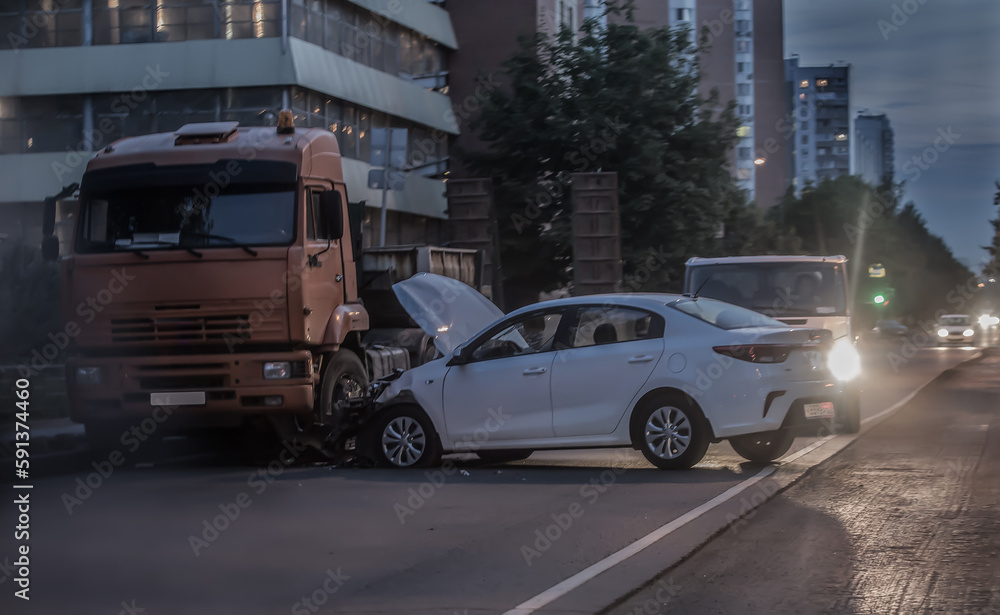 Wall mural car accident on a city street at night