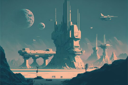 Futuristic colony on exoplanet with colossal constructions depicted in digital artwork. Fantasy concept , Illustration painting. Generative AI