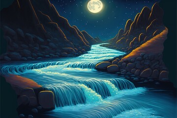 Fototapeta premium Nighttime scenery featuring liquefying moon creating luminescent river. Fantasy concept , Illustration painting. Generative AI