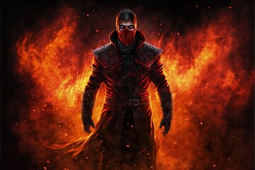 Fototapeta premium Man donning crimson mask standing with flames and fumes emanating from his chest. Fantasy concept , Illustration painting. Generative AI