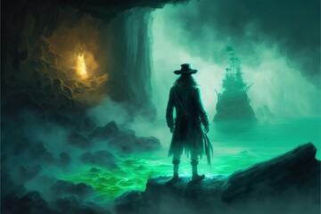 A buccaneer who discovered the deserted vessel with emerald fumes in cascade cavern. Fantasy concept , Illustration painting. Generative AI