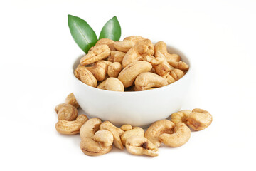 cashew nut in white bowl isolated on white background. pile of cashew nut isolated on white background. cashew nut isolated                                                          