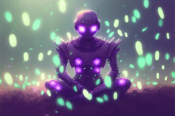 Fototapeta na wymiar Robot resting on purple field while interacting with luminous butterflies. Fantasy concept , Illustration painting. Generative AI
