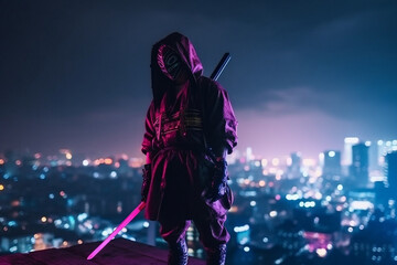 Samurai Standing On The Roof With Night City Neon Lights On Background, Made Using Generative Ai