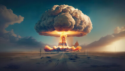 Nuclear explosion in the desert. Nuke bomb mushroom radioactive cloud. Generative AI