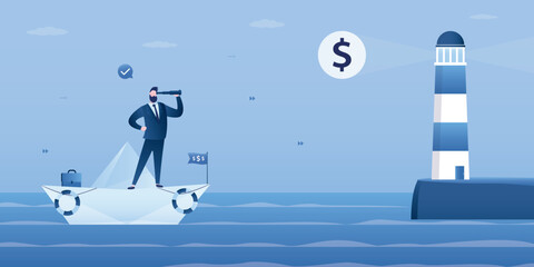 Business leader sailing on paper boat in ocean of opportunities. Lighthouse points the way to profit and success. Businessman on origami ship. Global vision, creativity.