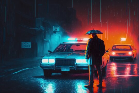 Rainy night illustration depicting thief with firearm apprehended by police car light. Fantasy concept , Illustration painting. Generative AI