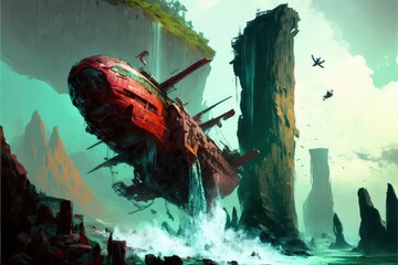 Derelict pirate ship suspended in sky above futuristic city and waterfalls. Fantasy concept , Illustration painting. Generative AI