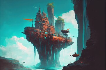Derelict pirate ship suspended in sky above futuristic city and waterfalls. Fantasy concept , Illustration painting. Generative AI