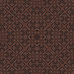 Seamless monochrome kaleidoscopic geometric pattern. Dark brown background.