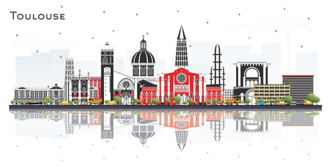 Obraz premium Toulouse France City Skyline with Color Buildings and Reflections Isolated on White. Vector Illustration. Toulouse Cityscape with Landmarks.