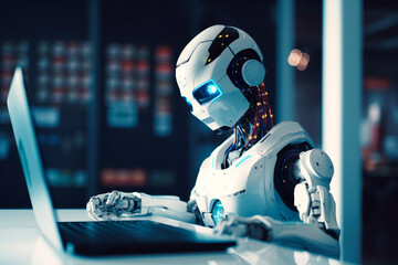 Fototapeta premium Artificial intelligence robot doing office job at the desk. Generative AI