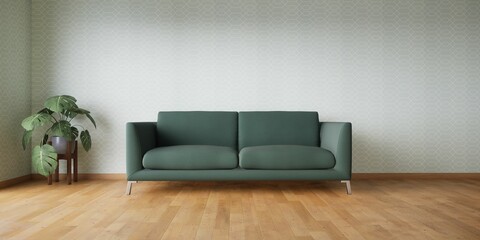 canapé vert dans une salle, avec un parquet en bois et un mur en arrière plan, illustration rendu 3d - obrazy, fototapety, plakaty