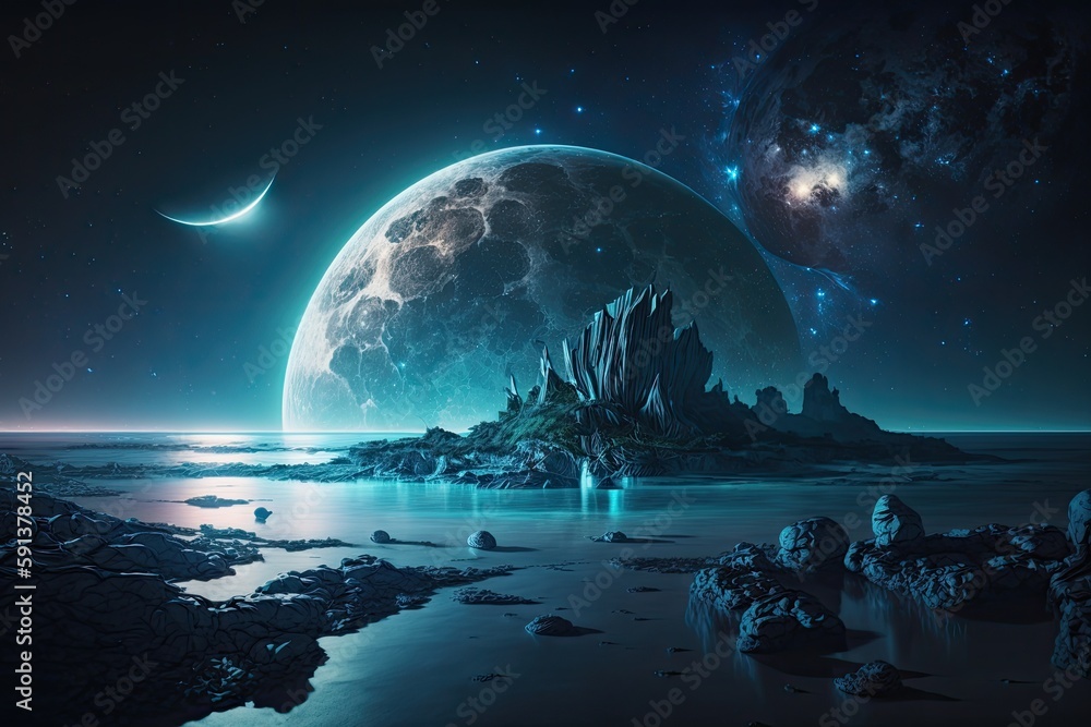 Poster planet with a moon and stars in the sky. generative ai