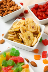Tasty food concept - delicious dried fruits, tasty dried food