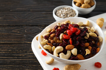 Tasty food concept - delicious dried fruits, space for text