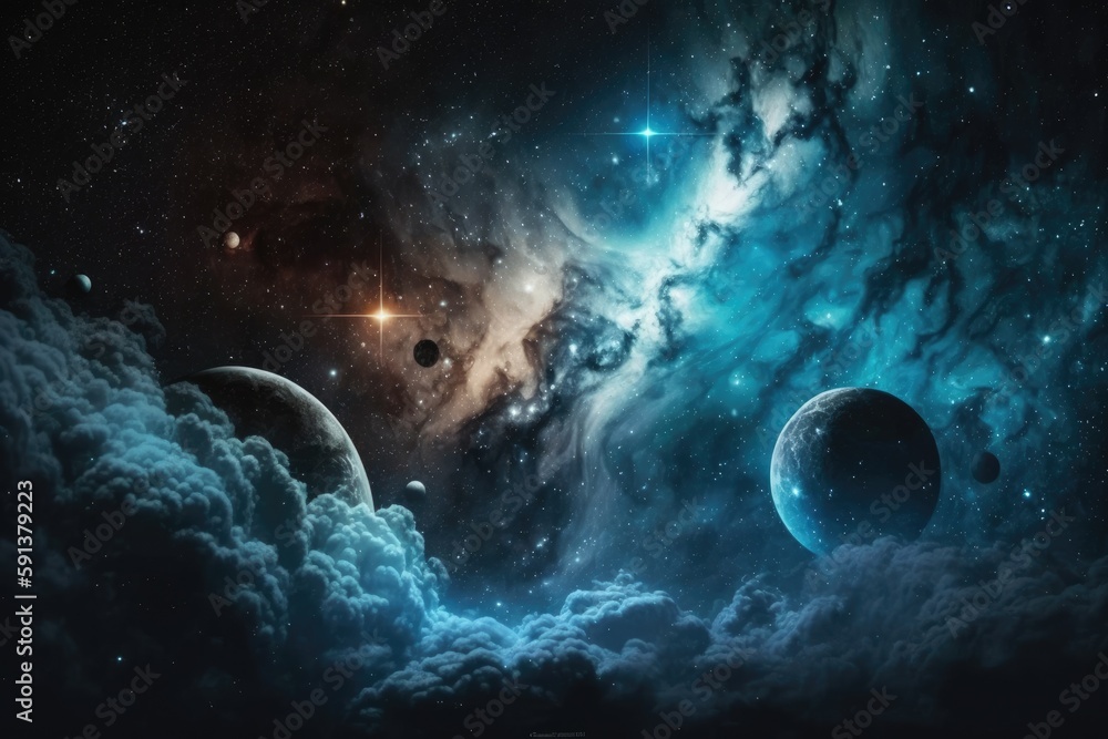 Poster multiple planets suspended in the atmosphere. generative ai