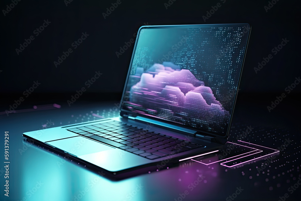 Poster laptop with cloud storage on screen on dark background, created with generative ai