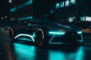 Obraz na płótnie Canvas Ultra Modern Car Is Riding On City Street At Night, Made Using Generative Ai
