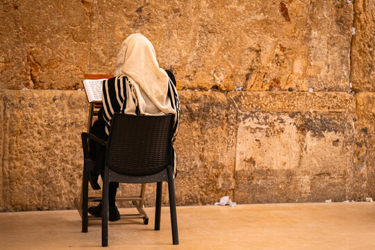 Man in Talit Praying at Kotel, Western Wall, Jerusalem Israel