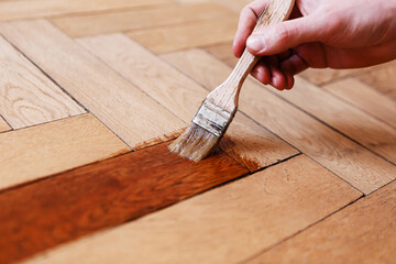 man varnishes oak parquet with a brush during renovation
