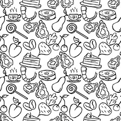 Seamless food pattern. Doodle vector food illustration.  Hand-drawn food background