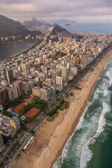 Beautiful aerial view to city buildings and Ipanema Beach