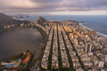 Beautiful aerial view to city buildings, urban lagoon and Ipanema