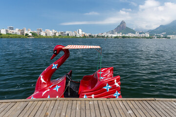 Beautiful view to swan pedal boat on urban lagoon