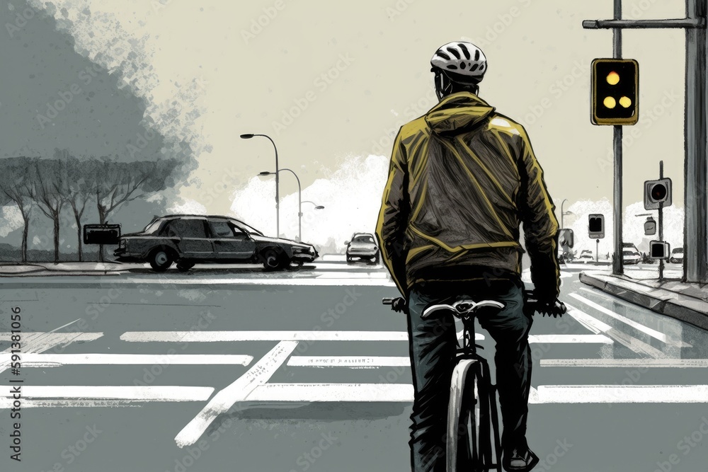 Poster cyclist riding through an urban intersection with a traffic light. generative ai