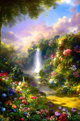 Paradise garden full of flowers, beautiful idyllic background with many flowers in Eden, illustration with Fairytale colors. Generative Ai. - obrazy, fototapety, plakaty