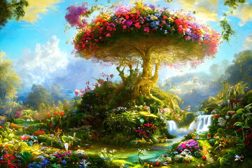 Paradise garden full of flowers, beautiful idyllic background with many flowers in Eden, illustration with Fairytale colors. Generative Ai.
