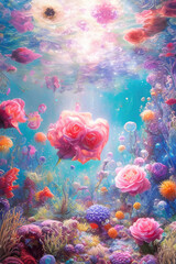 Obraz na płótnie Canvas Pink rose under water beautiful abstract flower background, 3d illustration. Generative Ai.
