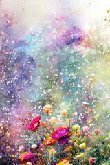 Watercolors flowers background, abstract flowers made from watercolor paint splashes, beautiful illustration impressionism style. Generative AI.