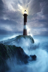 Lighthouse and rough sea around, storm with high sea waves. Generative Ai.