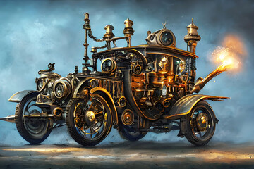 Fototapeta na wymiar Retro car fantastic design in steampunk style with gold mechanical parts details. Generative Ai.