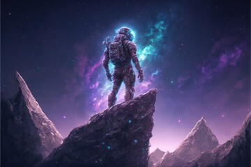 Fototapeta na wymiar An astronaut standing on a rock amidst the starry expanse with colorful lights. Fantasy concept , Illustration painting. Generative AI