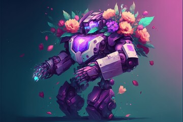 Fototapeta na wymiar A broken robot carrying a bouquet of purple flowers. Fantasy concept , Illustration painting. Generative AI